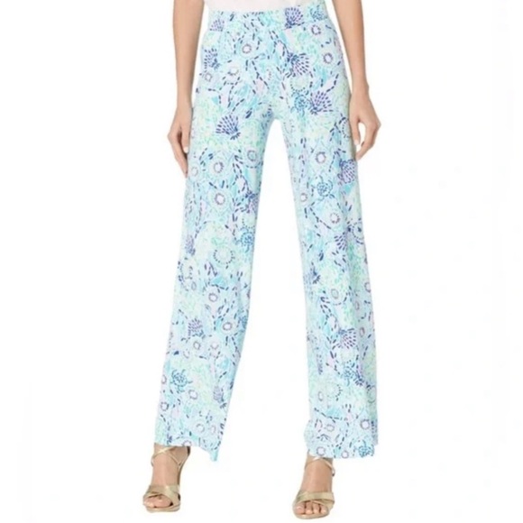 Lilly Pulitzer Mint and Navy Floral Wide Leg Pants - Picture 3 of 7